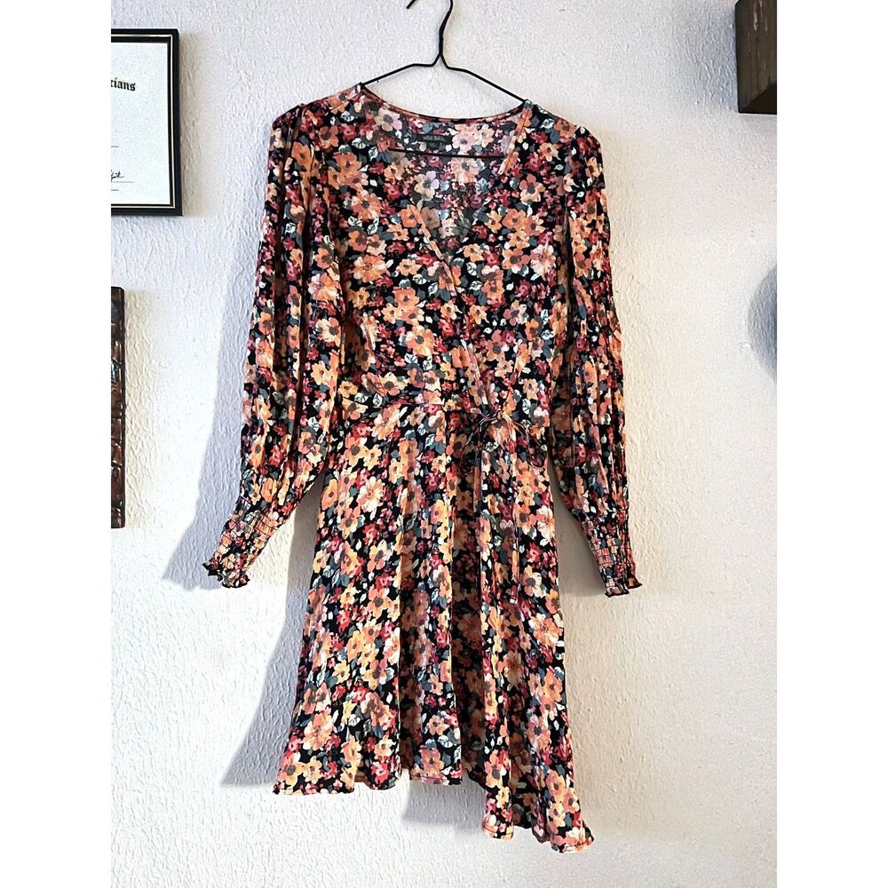 Floral Midi Dress; smocked puffed sleeves; Vneck wrap dress w/tie accent